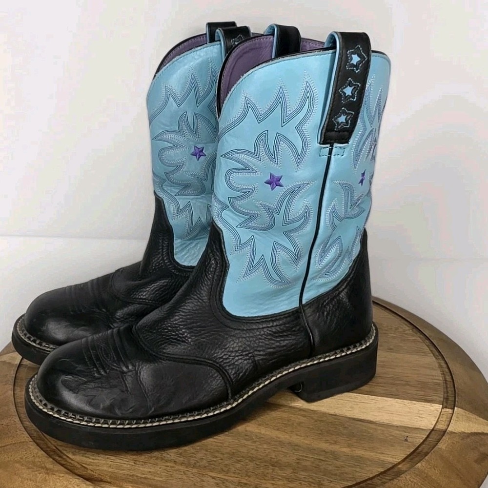 Ariat ProBaby Womens 11B Western Cowboy Boots Black Leather Turquoise Blue Star